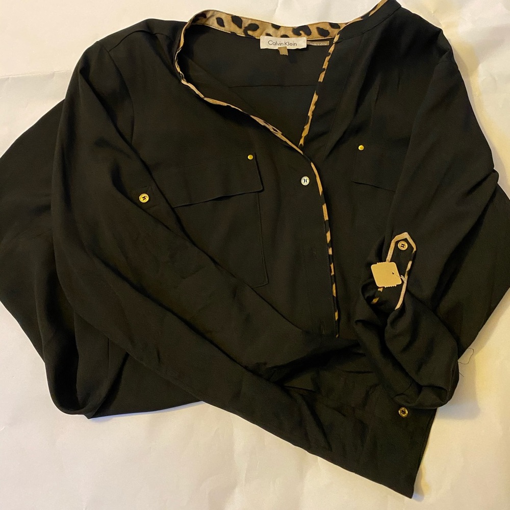 Calvin Kline Button Down Blouse Black and Cheetah
